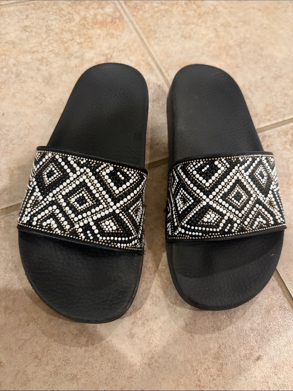 Salvatore Ferragamo Black Slide Sandals with White and Silver Beadwork